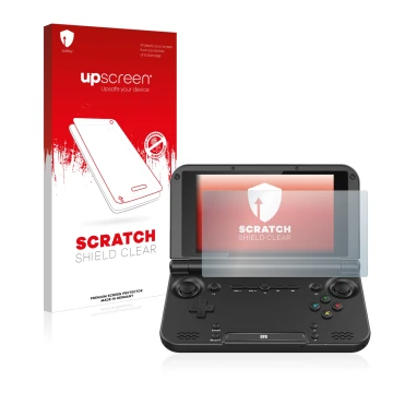 Vorderseite einer Produktverpackung mit dem Markenlogo upscreen. Daneben ist das Gerät GPD XD Plus 7.0 mit dem zugehörigen Dis