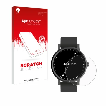 Vorderseite einer Produktverpackung mit dem Markenlogo upscreen. Daneben ist das Gerät Kreisrunde Displays (ø: 43 mm) mit dem 