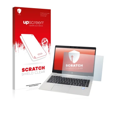 Vorderseite einer Produktverpackung mit dem Markenlogo upscreen. Daneben ist das Gerät HP EliteBook 830 G5 Non-Touch mit dem z