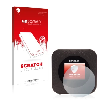 Vorderseite einer Produktverpackung mit dem Markenlogo upscreen. Daneben ist das Gerät Netgear Nighthawk M1 mit dem zugehörige