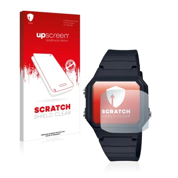 Vorderseite einer Produktverpackung mit dem Markenlogo upscreen. Daneben ist das Gerät Casio Unisex A168WA-1YES mit dem zugehö