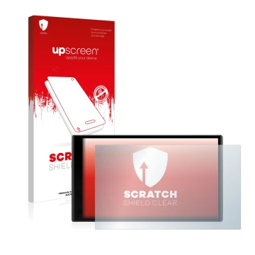 Vorderseite einer Produktverpackung mit dem Markenlogo upscreen. Daneben ist das Gerät Garmin DriveSmart 65 mit dem zugehörige