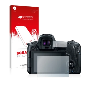 Vorderseite einer Produktverpackung mit dem Markenlogo upscreen. Daneben ist das Gerät Canon EOS R mit dem zugehörigen Display