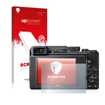 Vorderseite einer Produktverpackung mit dem Markenlogo upscreen. Daneben ist das Gerät Nikon Coolpix A1000 mit dem zugehörigen