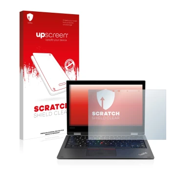 Vorderseite einer Produktverpackung mit dem Markenlogo upscreen. Daneben ist das Gerät Lenovo ThinkPad L390 Yoga mit dem zugeh