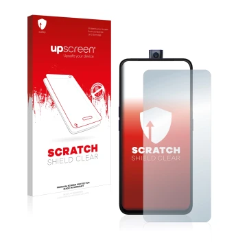 Vorderseite einer Produktverpackung mit dem Markenlogo upscreen. Daneben ist das Gerät Oppo F11 Pro mit dem zugehörigen Displa