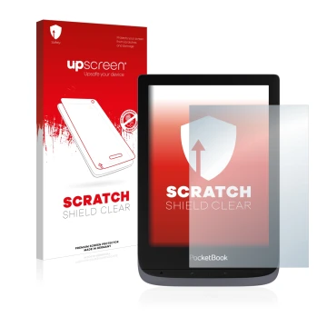 Vorderseite einer Produktverpackung mit dem Markenlogo upscreen. Daneben ist das Gerät PocketBook Touch HD 3 mit dem zugehörig