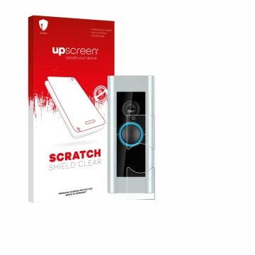 Vorderseite einer Produktverpackung mit dem Markenlogo upscreen. Daneben ist das Gerät Ring Video Doorbell Pro (Version 2) mit