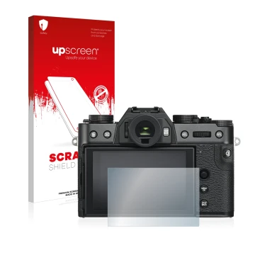 Vorderseite einer Produktverpackung mit dem Markenlogo upscreen. Daneben ist das Gerät Fujifilm X-T30 mit dem zugehörigen Disp