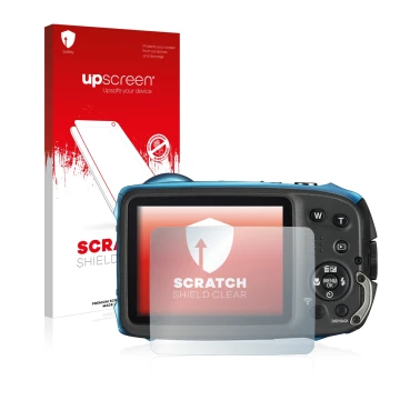 Vorderseite einer Produktverpackung mit dem Markenlogo upscreen. Daneben ist das Gerät Fujifilm FinePix XP140 mit dem zugehöri