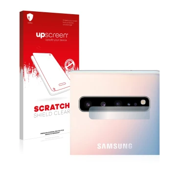 Vorderseite einer Produktverpackung mit dem Markenlogo upscreen. Daneben ist das Gerät Samsung Galaxy S10 5G (NUR Kameraschutz