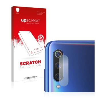 Vorderseite einer Produktverpackung mit dem Markenlogo upscreen. Daneben ist das Gerät Xiaomi Mi 9 (NUR Kameraschutz) mit dem 