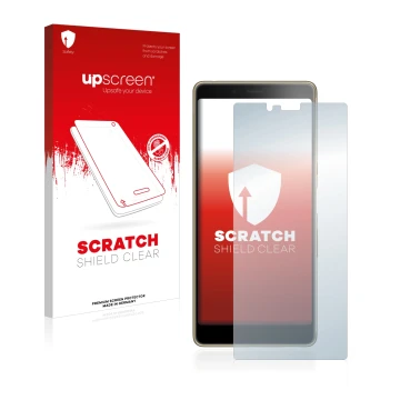 Vorderseite einer Produktverpackung mit dem Markenlogo upscreen. Daneben ist das Gerät Sony Xperia L3 mit dem zugehörigen Disp