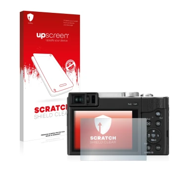 Vorderseite einer Produktverpackung mit dem Markenlogo upscreen. Daneben ist das Gerät Panasonic Lumix DC-TZ96 mit dem zugehör