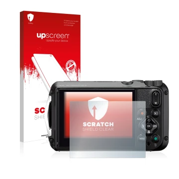 Vorderseite einer Produktverpackung mit dem Markenlogo upscreen. Daneben ist das Gerät Ricoh WG-6 mit dem zugehörigen Displays