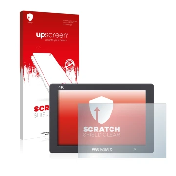Vorderseite einer Produktverpackung mit dem Markenlogo upscreen. Daneben ist das Gerät Feelworld T7 7