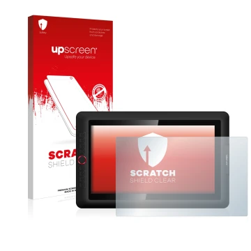 Vorderseite einer Produktverpackung mit dem Markenlogo upscreen. Daneben ist das Gerät XP-Pen Artist 15.6 Pro mit dem zugehöri