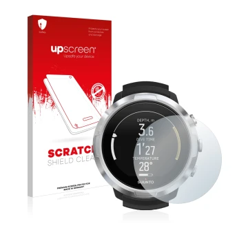 Vorderseite einer Produktverpackung mit dem Markenlogo upscreen. Daneben ist das Gerät Suunto D6 Support mit dem zugehörigen D