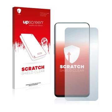 Vorderseite einer Produktverpackung mit dem Markenlogo upscreen. Daneben ist das Gerät Oppo Reno 10x Zoom mit dem zugehörigen 