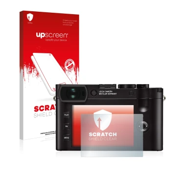 Vorderseite einer Produktverpackung mit dem Markenlogo upscreen. Daneben ist das Gerät Leica Q2 mit dem zugehörigen Displaysch