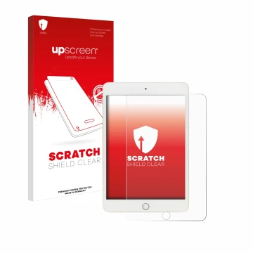 Vorderseite einer Produktverpackung mit dem Markenlogo upscreen. Daneben ist das Gerät Apple iPad Mini 5 2019 (5. Gen.) mit de