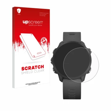 Vorderseite einer Produktverpackung mit dem Markenlogo upscreen. Daneben ist das Gerät Garmin Forerunner 245 Music mit dem zug