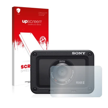Vorderseite einer Produktverpackung mit dem Markenlogo upscreen. Daneben ist das Gerät Sony DSC-RX0M2 (RX0 II) (Linse) mit dem