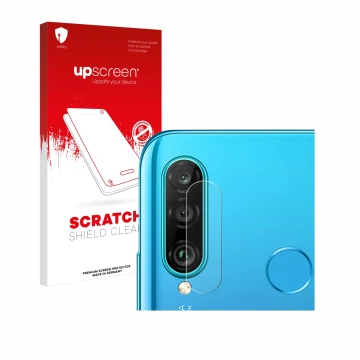 Vorderseite einer Produktverpackung mit dem Markenlogo upscreen. Daneben ist das Gerät Huawei P30 lite (NUR Kameraschutz) mit 