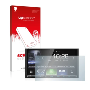 Vorderseite einer Produktverpackung mit dem Markenlogo upscreen. Daneben ist das Gerät Kenwood DMX7017DABS mit dem zugehörigen
