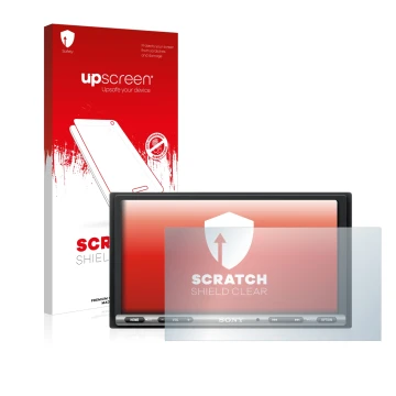 Vorderseite einer Produktverpackung mit dem Markenlogo upscreen. Daneben ist das Gerät Sony XAV-AX3005DB mit dem zugehörigen D