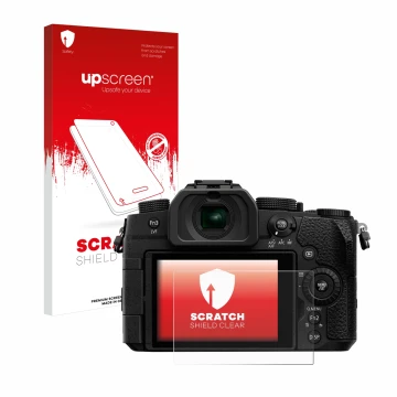 Vorderseite einer Produktverpackung mit dem Markenlogo upscreen. Daneben ist das Gerät Panasonic Lumix DC-G91 mit dem zugehöri
