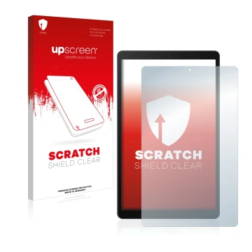 Vorderseite einer Produktverpackung mit dem Markenlogo upscreen. Daneben ist das Gerät Samsung Galaxy Tab A 10.1 2019 mit dem 
