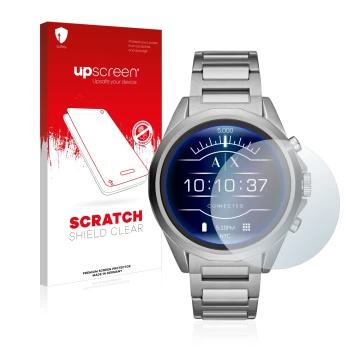 Vorderseite einer Produktverpackung mit dem Markenlogo upscreen. Daneben ist das Gerät Emporio Armani Connected Exchange AXT20