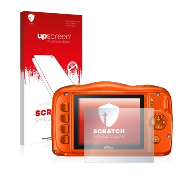 Vorderseite einer Produktverpackung mit dem Markenlogo upscreen. Daneben ist das Gerät Nikon Coolpix W150 mit dem zugehörigen 