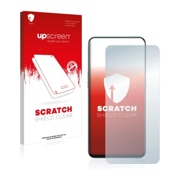 Vorderseite einer Produktverpackung mit dem Markenlogo upscreen. Daneben ist das Gerät Oppo Reno 5G mit dem zugehörigen Displa