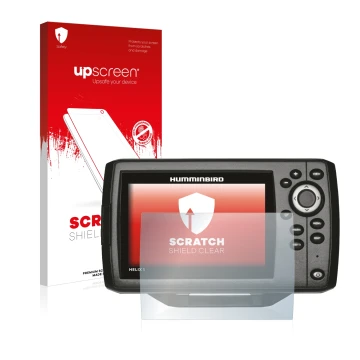 Vorderseite einer Produktverpackung mit dem Markenlogo upscreen. Daneben ist das Gerät Humminbird Helix 5 mit dem zugehörigen 