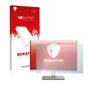 Vorderseite einer Produktverpackung mit dem Markenlogo upscreen. Daneben ist das Gerät HP EliteDisplay E243i mit dem zugehörig