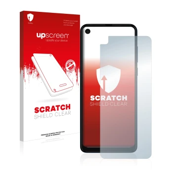 Vorderseite einer Produktverpackung mit dem Markenlogo upscreen. Daneben ist das Gerät Motorola One Vision mit dem zugehörigen