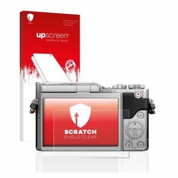 Vorderseite einer Produktverpackung mit dem Markenlogo upscreen. Daneben ist das Gerät Panasonic Lumix DC-GX880 mit dem zugehö