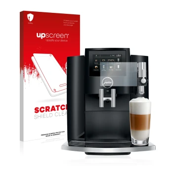 Vorderseite einer Produktverpackung mit dem Markenlogo upscreen. Daneben ist das Gerät Jura S8 mit dem zugehörigen Displayschu