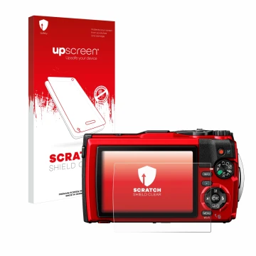 Vorderseite einer Produktverpackung mit dem Markenlogo upscreen. Daneben ist das Gerät Olympus Tough TG-6 mit dem zugehörigen 
