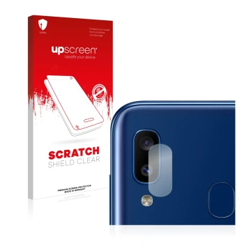 Vorderseite einer Produktverpackung mit dem Markenlogo upscreen. Daneben ist das Gerät Samsung Galaxy A20e (NUR Kameraschutz) 