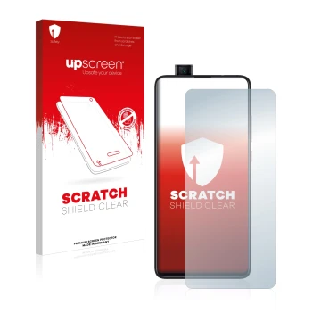 Vorderseite einer Produktverpackung mit dem Markenlogo upscreen. Daneben ist das Gerät Xiaomi Mi 9T mit dem zugehörigen Displa