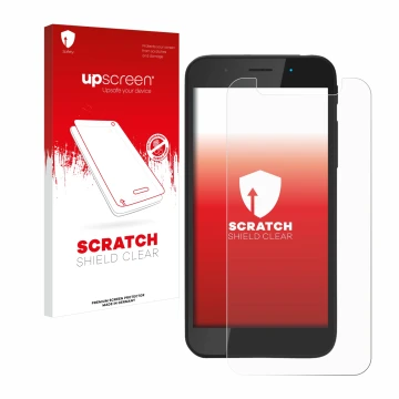 Vorderseite einer Produktverpackung mit dem Markenlogo upscreen. Daneben ist das Gerät Shiftphones Shift5me mit dem zugehörige