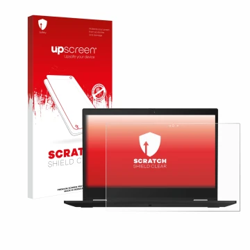 Vorderseite einer Produktverpackung mit dem Markenlogo upscreen. Daneben ist das Gerät Lenovo ThinkPad X390 Yoga mit dem zugeh