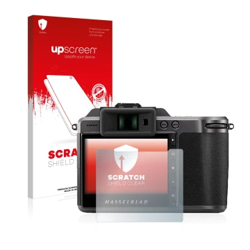 Vorderseite einer Produktverpackung mit dem Markenlogo upscreen. Daneben ist das Gerät Hasselblad X1D II 50C mit dem zugehörig