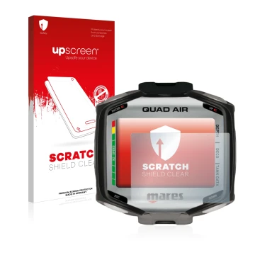 Vorderseite einer Produktverpackung mit dem Markenlogo upscreen. Daneben ist das Gerät Mares Quad Air mit dem zugehörigen Disp