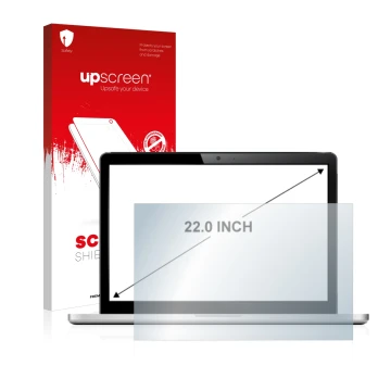 Vorderseite einer Produktverpackung mit dem Markenlogo upscreen. Daneben ist das Gerät mit dem zugehörigen Displayschutz abgeb