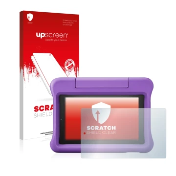 Vorderseite einer Produktverpackung mit dem Markenlogo upscreen. Daneben ist das Gerät Amazon Fire 7 Kids Edition 2019 (9. Gen