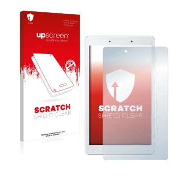 Vorderseite einer Produktverpackung mit dem Markenlogo upscreen. Daneben ist das Gerät Samsung Galaxy Tab A 8.0 WiFi 2019 mit 
